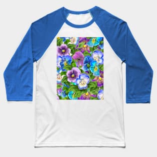 Beautiful Pansy Flowers Violet Viola Tricolor Floral Pattern. Watercolor Hand Drawn Decoration. Spring colorful pansies in bloom garden flowers. Baseball T-Shirt